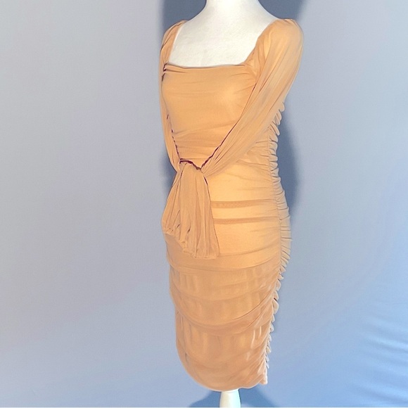 Fashion Sz Sm, Sheer Mesh, Nude, Ruched Long Sleeve Dress, Deep Square Neckline - Picture 7 of 16